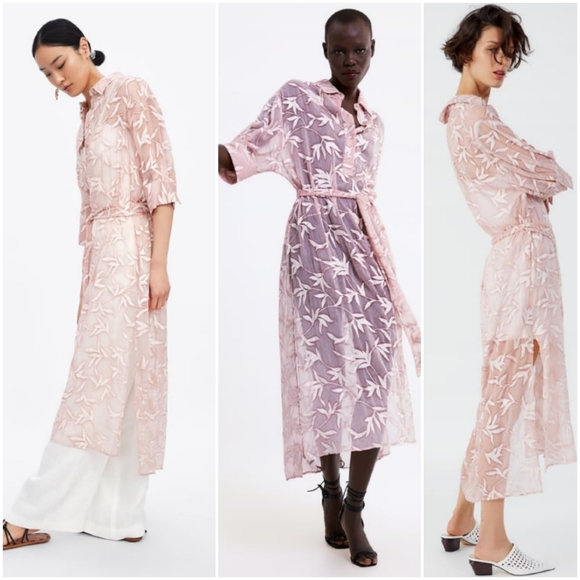 Zara Dresses Zara Embroidered Leaf Tunic Belted Dress Sheer Poshmark